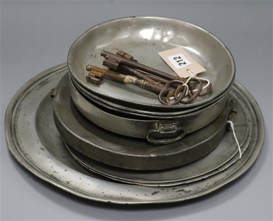 A collection of London pewter wares, a burr walnut cigar box and a Victorian military issue water canteen